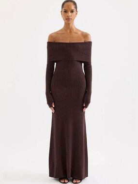 Nude Lucy Long Sleeve Ribbed Fold-Over Neck Dress Dark Brown XS